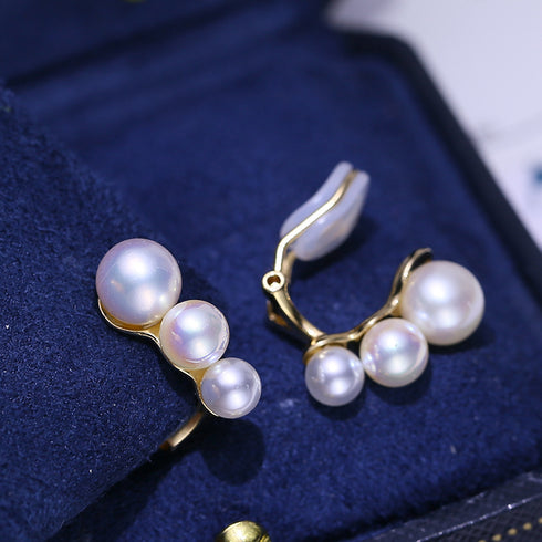 Three Pearls Clip Stud Earrings